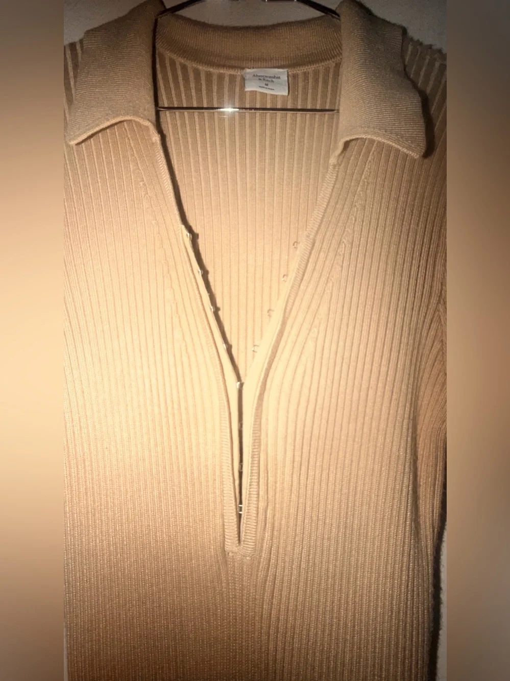 Abercrombie & Fitch Ribbed Long-Sleeve Maxi Dress in Tan